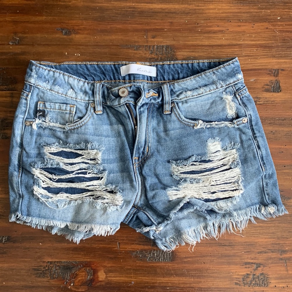 Kancan Denim Raw Hem Shorts With Distressing Detail.